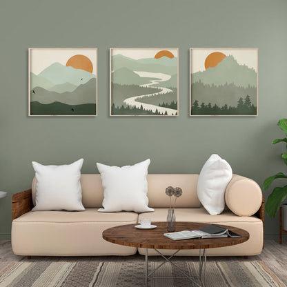 Wall Art 70cmx70cm Sage Green Landscapes 3 Sets Wood Frame Canvas