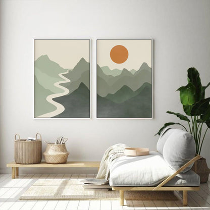 Wall Art 60cmx90cm Sage Green River Mountain 2 Sets White Frame Canvas