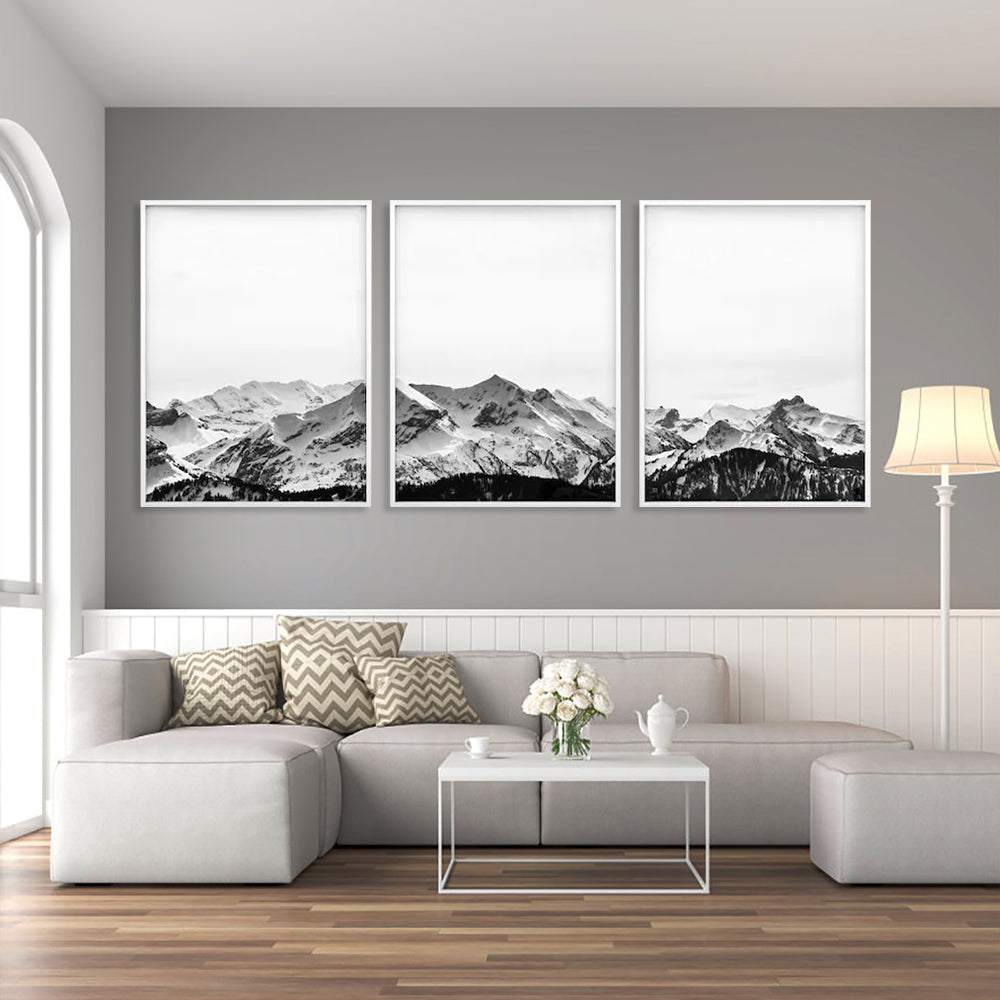 Wall Art 50cmx70cm Black White Mountain 3 Sets White Frame Canvas