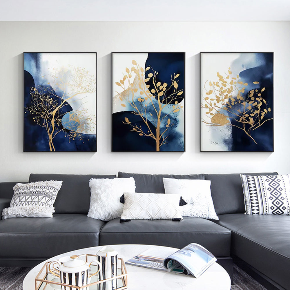 Wall Art 60cmx90cm Navy and Gold Watercolor Shapes 3 Sets Black Frame Canvas