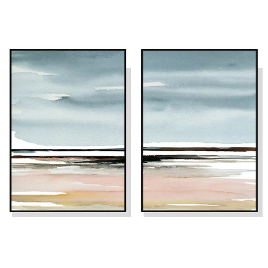 Wall Art 90cmx135cm Pink Beach Landscape 2 Sets Black Frame Canvas