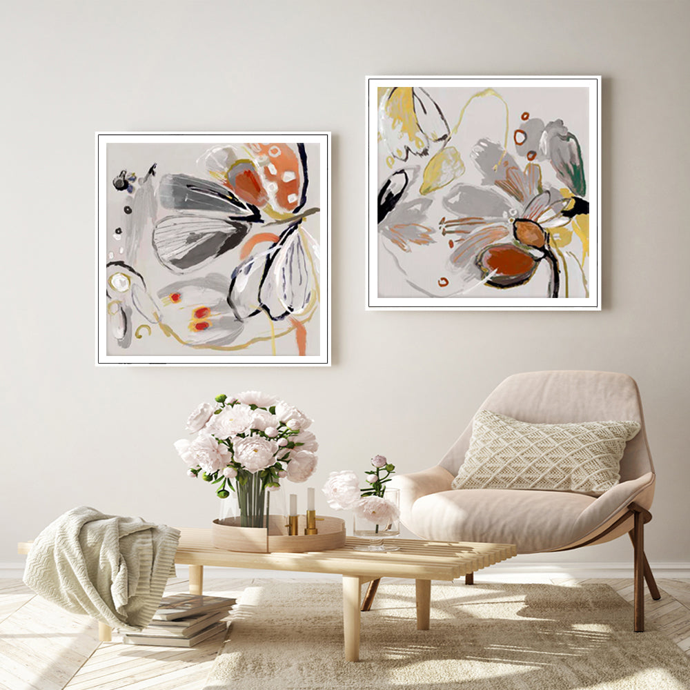 Wall Art 50cmx50cm Blooming Spring Floral 2 Sets White Frame Canvas