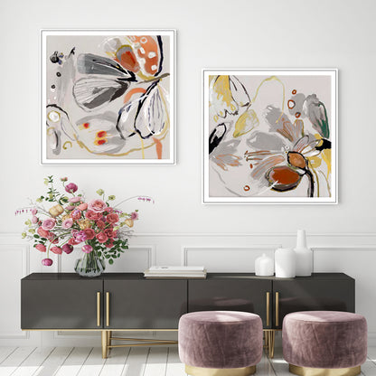 Wall Art 60cmx60cm Blooming Spring Floral 2 Sets White Frame Canvas