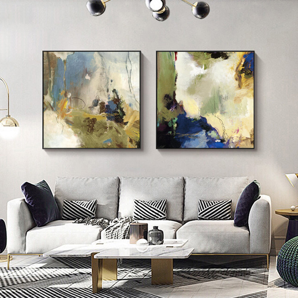 Wall Art 90cmx90cm Abstract Blue 2 Sets Black Frame Canvas