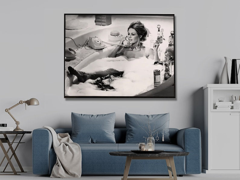 Wall Art 70cmx100cm Brigitte Bardot In the bath poster, Black Frame Canvas