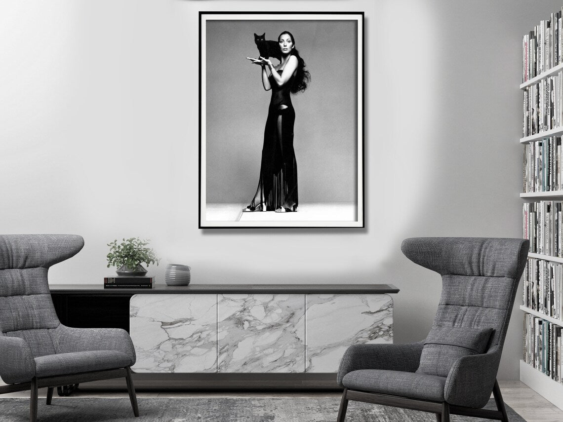 Wall Art 40cmx60cm Cher Music Black and White, Black Frame Canvas