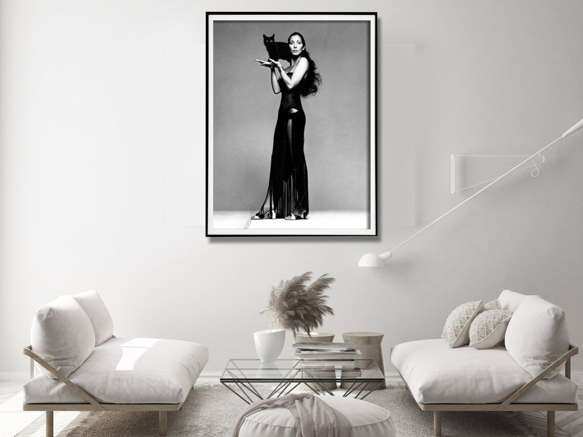 Wall Art 40cmx60cm Cher Music Black and White, Black Frame Canvas