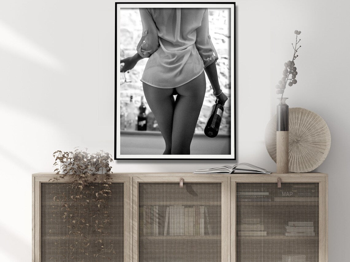 Wall Art 60cmx90cm Woman Drinking Wine , Black and White, Black Frame Canvas