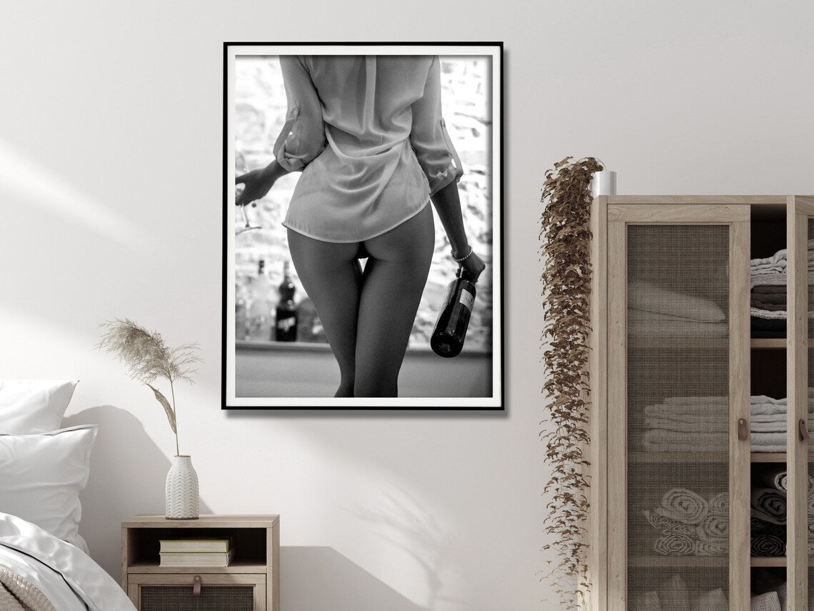 Wall Art 80cmx120cm Woman Drinking Wine , Black and White, Black Frame Canvas