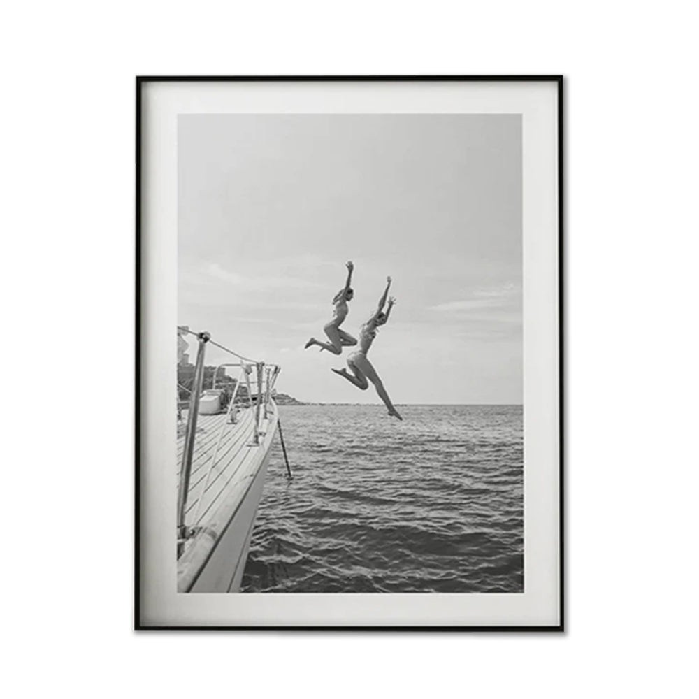 Wall Art 40cmx60cm Black and White Ocean Jump, Black Frame Canvas