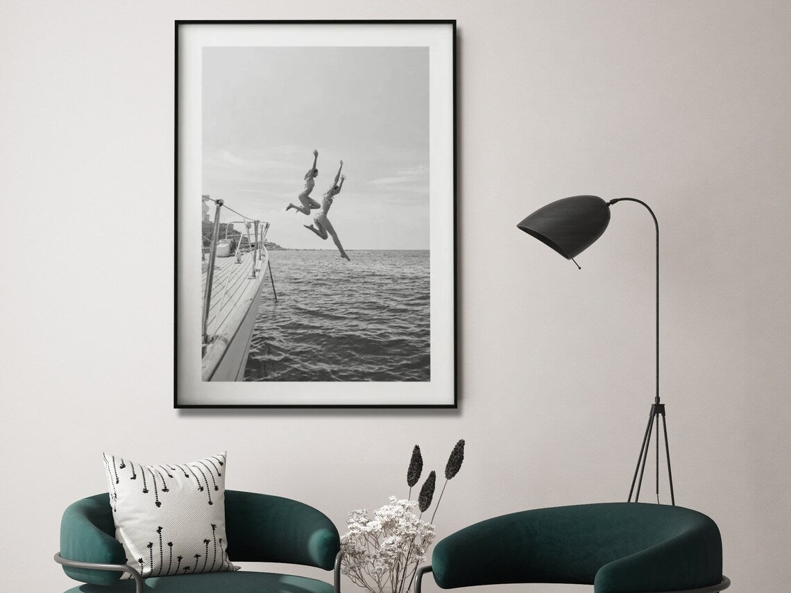 Wall Art 60cmx90cm Black and White Ocean Jump, Black Frame Canvas