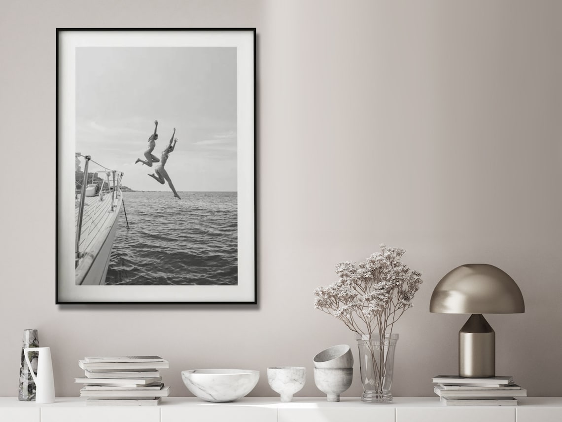 Wall Art 70cmx100cm Black and White Ocean Jump, Black Frame Canvas