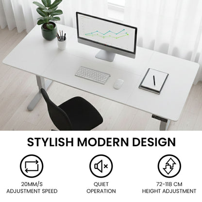 FORTIA Sit to Stand Standing Desk, 160x60cm, 72-118cm Electric Height Adjustable, White Desktop/Silver Frame