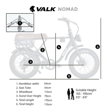 VALK Nomad Electric Fat Tyre Bike, 500W, 45km/hr, Throttle ebike, 20x4" Kenda Tyres, Shimano 7 spd, Suspension, Black