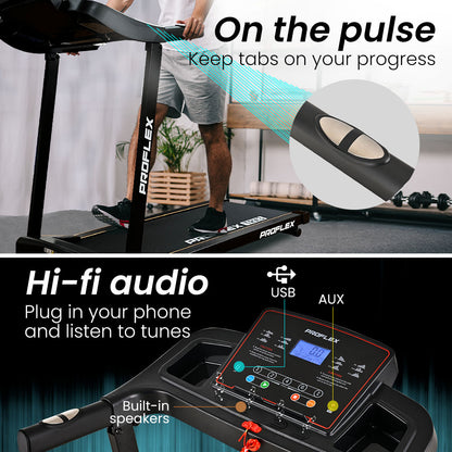 PROFLEX TRX3 Electric Treadmill, Compact Size, Foldable, USB/MP3, Pulse Sensors