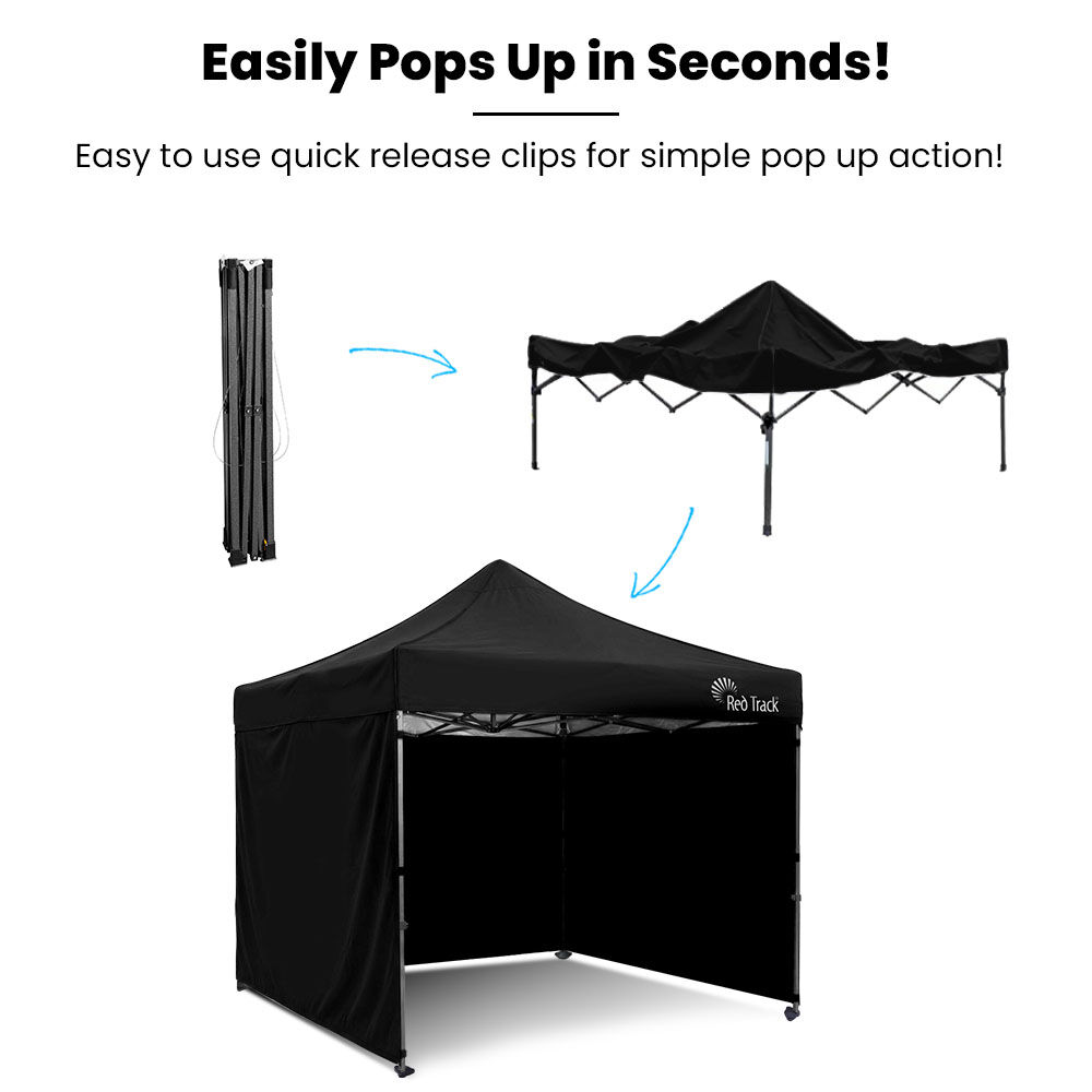 RED TRACK 3x3m Premium Pop Up Gazebo Marquee, Patented Steel Cable Canopy Support System, Wheeled Carry Bag, Side Walls, UV Block, Reinforced Frame, Black