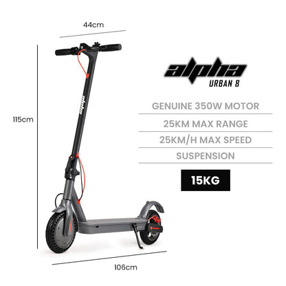 ALPHA Urban 8 Electric Scooter, Suspension, 25km Range, 8.5-Inch Wheels, Brushless Motor, Motorised Commuter eScooter for Adults, Grey