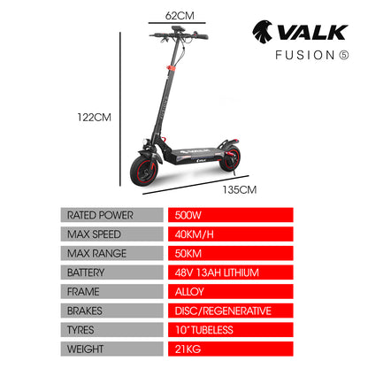 VALK Fusion 5 Electric Scooter, 500W 48V 13Ah Lithium 50km Range 40km/h Quad Shocks 10 inch Tyres