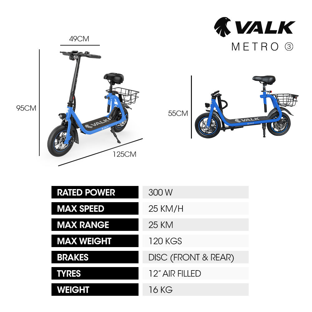 VALK Electric Scooter with Seat, Disc brakes, 12" Tyres, AU Compliant, for Adults, Teens, Commuter, Blue