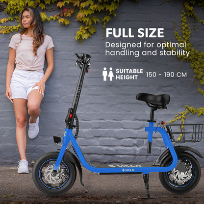 VALK Electric Scooter with Seat, Disc brakes, 12" Tyres, AU Compliant, for Adults, Teens, Commuter, Blue