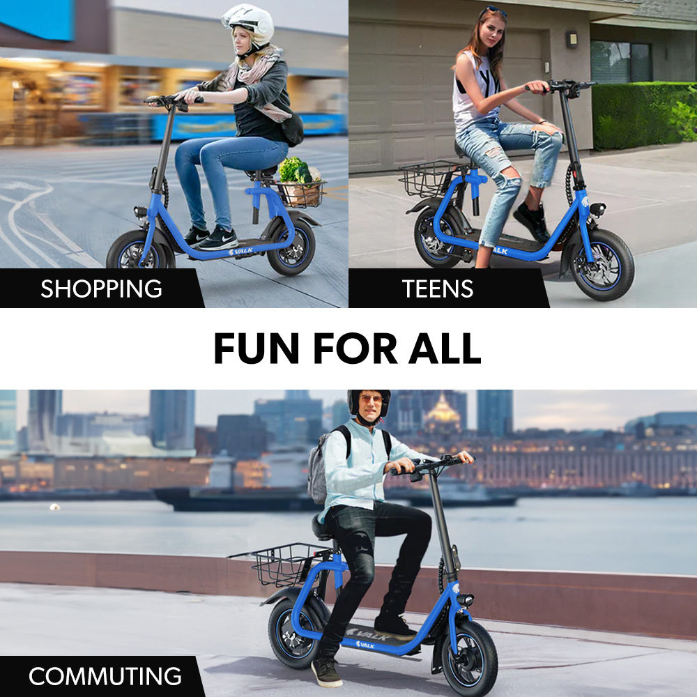VALK Electric Scooter with Seat, Disc brakes, 12" Tyres, AU Compliant, for Adults, Teens, Commuter, Blue