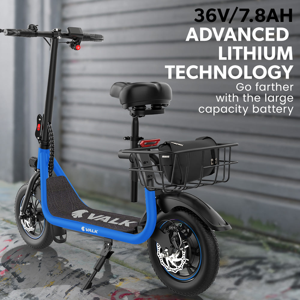 VALK Electric Scooter with Seat, Disc brakes, 12" Tyres, AU Compliant, for Adults, Teens, Commuter, Blue