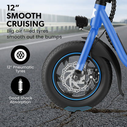 VALK Electric Scooter with Seat, Disc brakes, 12" Tyres, AU Compliant, for Adults, Teens, Commuter, Blue