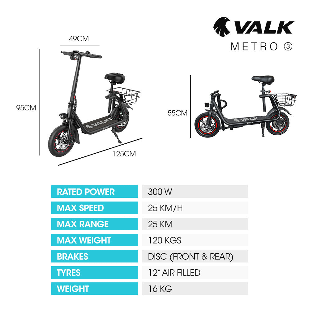 VALK Electric Scooter with Seat, Disc brakes, 12" Tyres, AU Compliant, for Adults, Teens, Commuter, Black