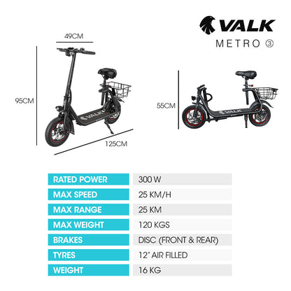 VALK Electric Scooter with Seat, Disc brakes, 12" Tyres, AU Compliant, for Adults, Teens, Commuter, Black