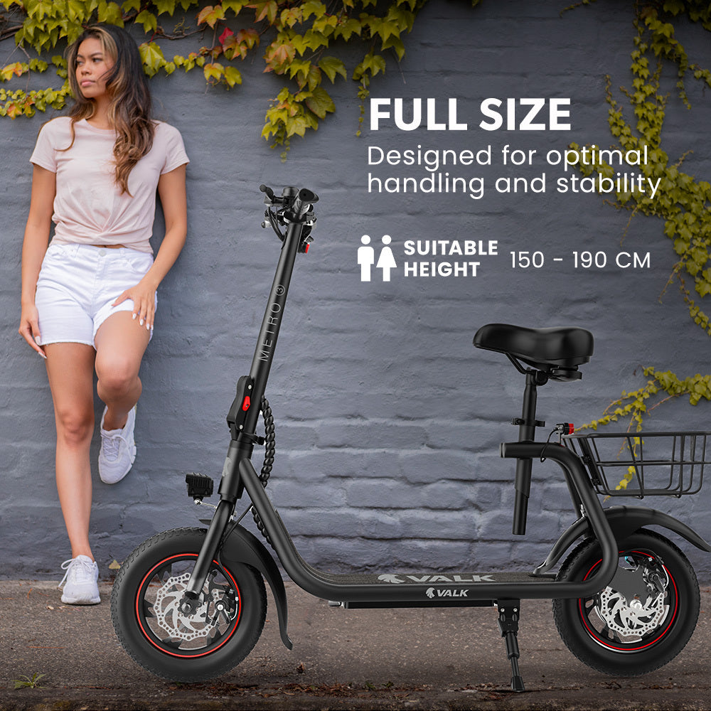 VALK Electric Scooter with Seat, Disc brakes, 12" Tyres, AU Compliant, for Adults, Teens, Commuter, Black