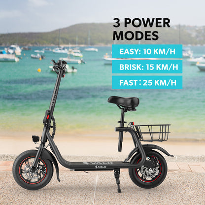 VALK Electric Scooter with Seat, Disc brakes, 12" Tyres, AU Compliant, for Adults, Teens, Commuter, Black