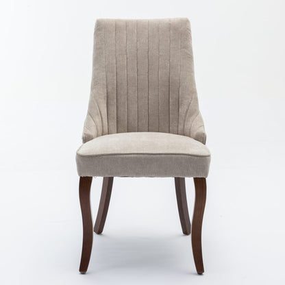 2x Fabric Channel Tufted Dining Chairs with Curved Wood Legs -Beige