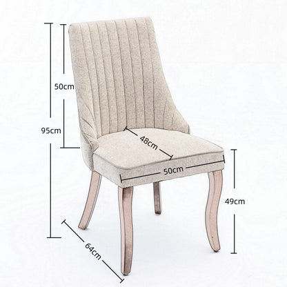 2x Fabric Channel Tufted Dining Chairs with Curved Wood Legs -Beige