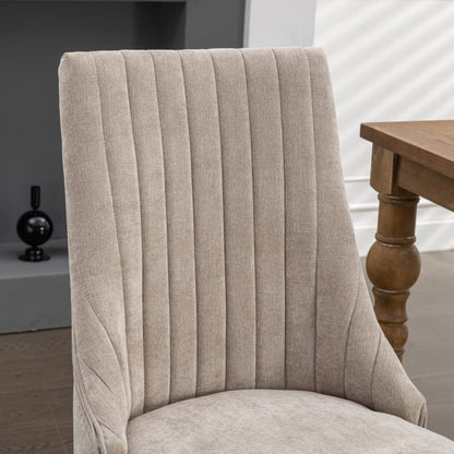 2x Fabric Channel Tufted Dining Chairs with Curved Wood Legs -Beige