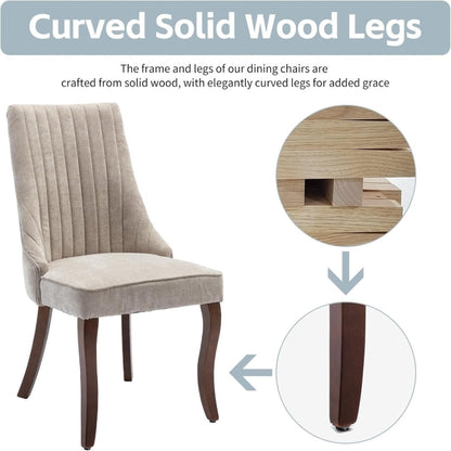 2x Fabric Channel Tufted Dining Chairs with Curved Wood Legs -Beige