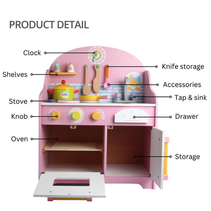 EKKIO Wooden Kitchen Playset for Kids with Clock (Japanese Style Kitchen Set, Pink) EK-KP-109-MS