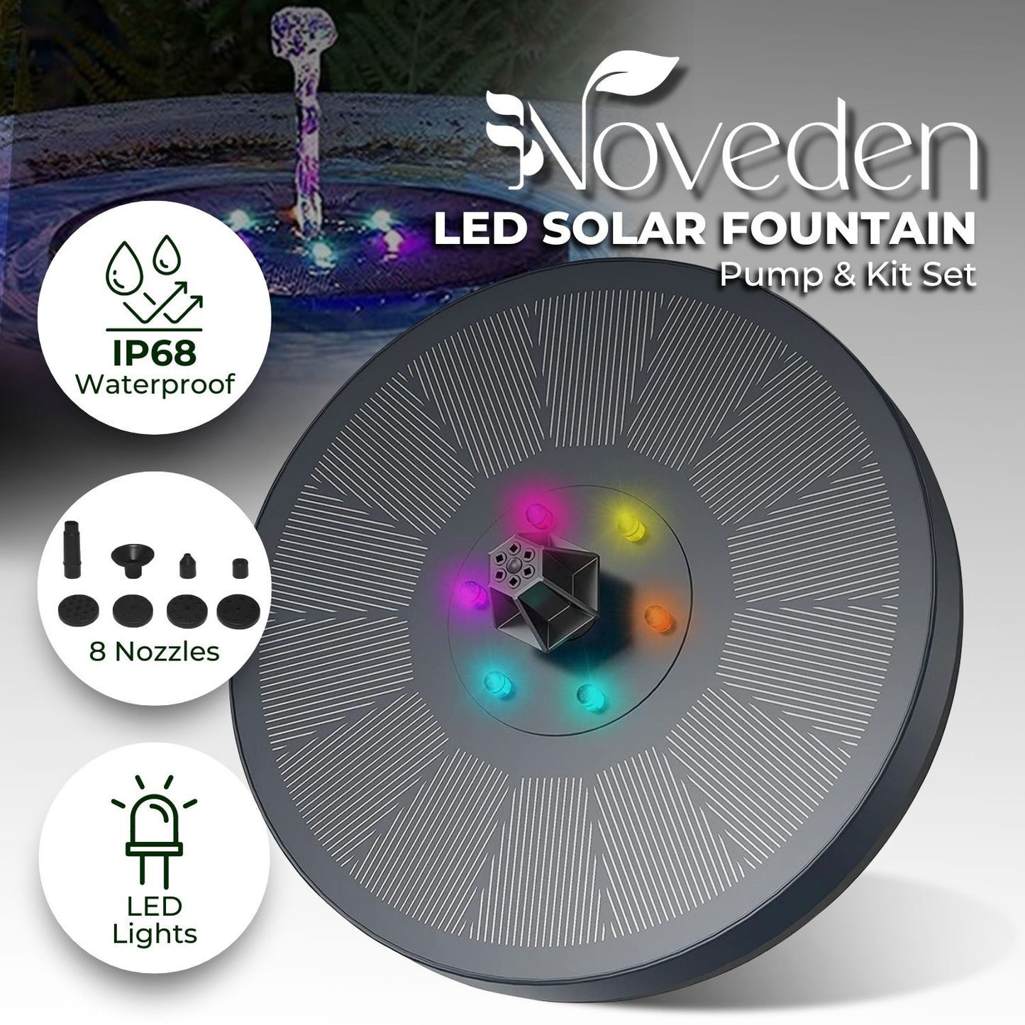 NOVEDEN Solar Fountain Water Pump for Bird Bath with RGB Color LED Lights (Black)