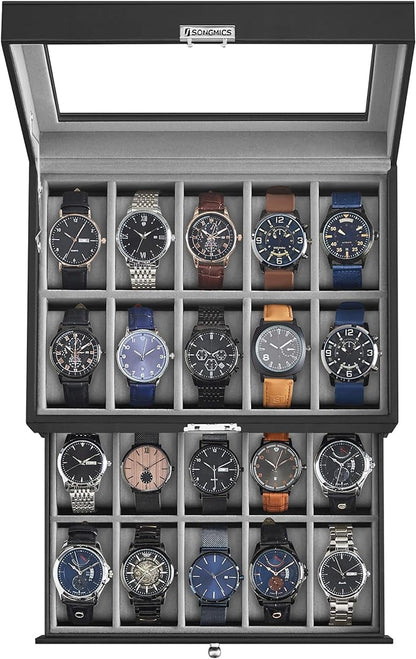 SONGMICS 20-Slot Watch Box with Glass Lid 2 Layers Black Synthetic Leather Gray Lining