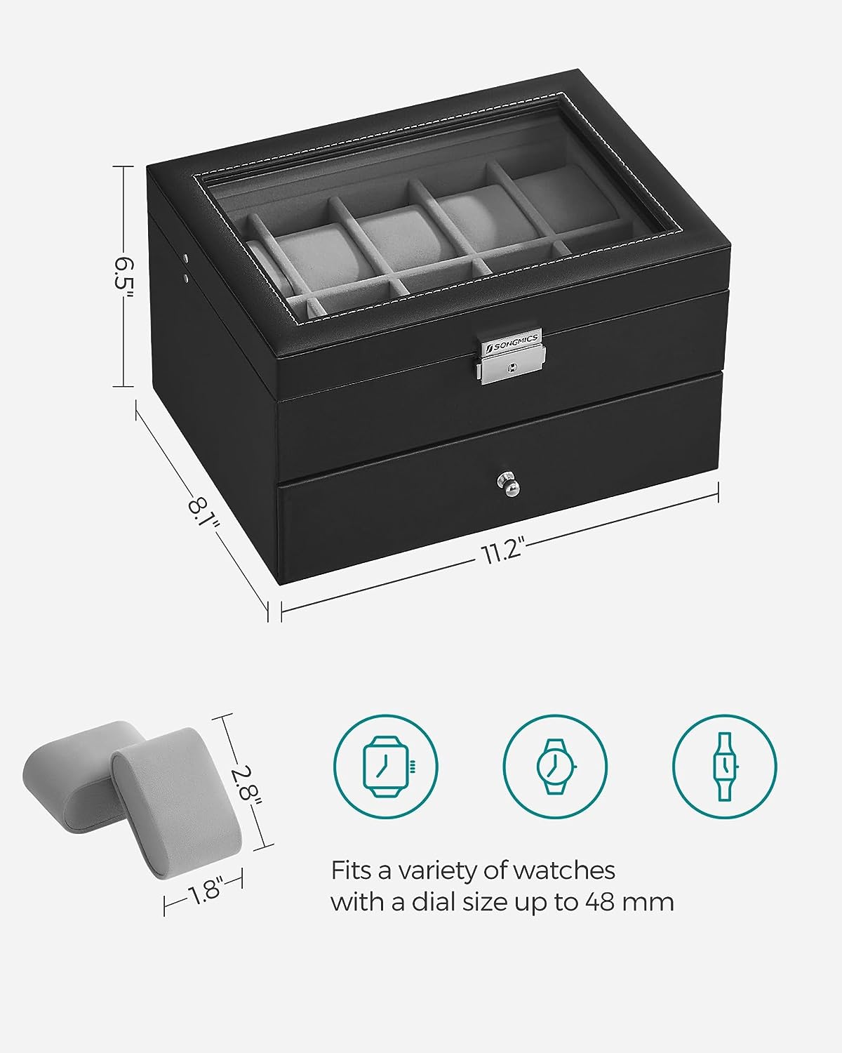 SONGMICS 20-Slot Watch Box with Glass Lid 2 Layers Black Synthetic Leather Gray Lining