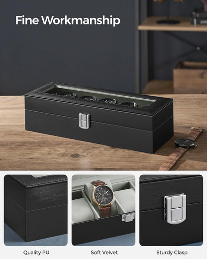 SONGMICS Watch Box for 6 Watches with Glass Lid and Removable Watch Pillows Black Synthetic Leather Grey Lining