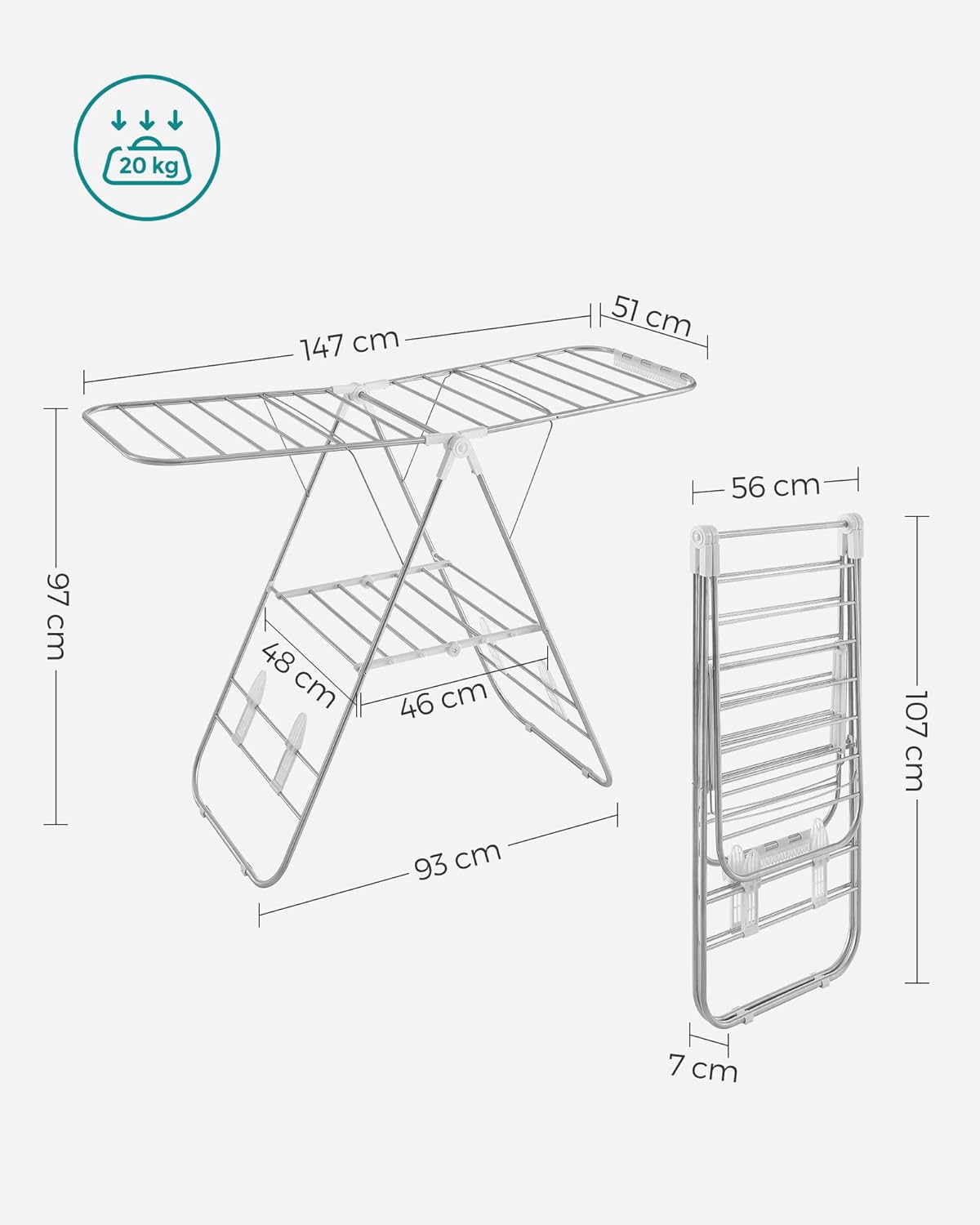 SONGMICS Foldable Clothes Drying Rack with Adjustable Wings Stainless Steel White and Silver