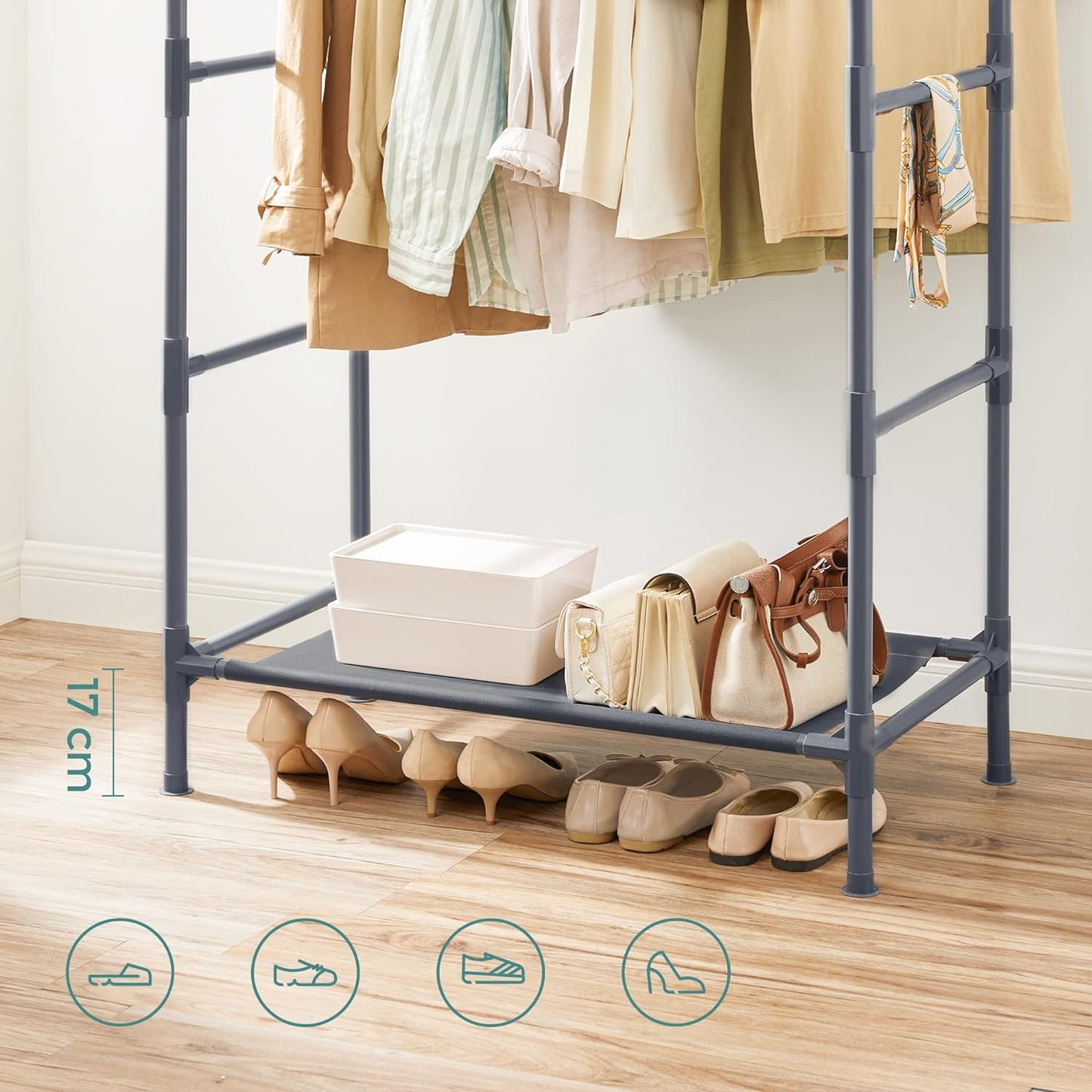 SONGMICS Metal Clothes Rack with 2 Rails Grey