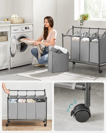 SONGMICS Laundry Basket with 4 Removable Laundry Bin on Wheels Gray LSF005GS