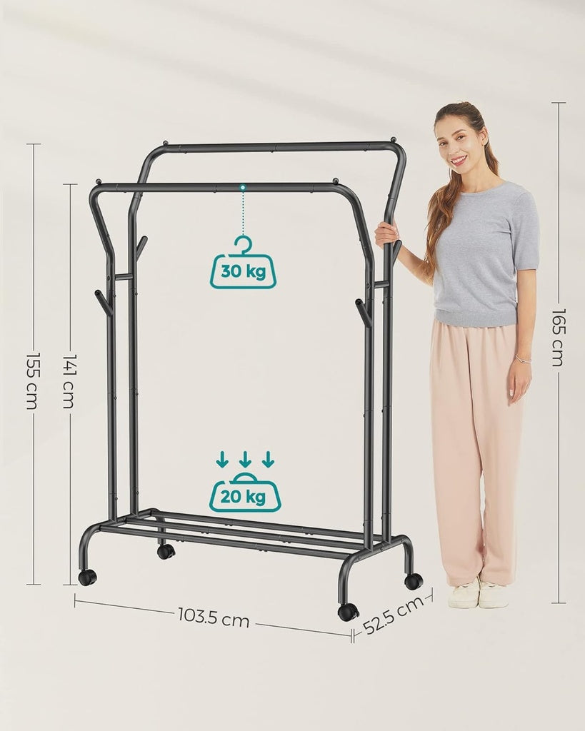 SONGMICS Metal Clothes Rack Garment Double Rail with Wheels and Shelf Black HSR107B01V1