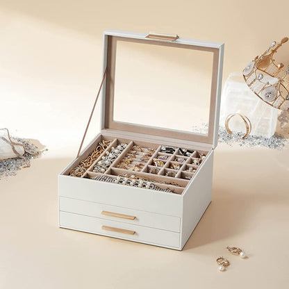 SONGMICS Jewelry Box 3-Layer with 2 Drawers Cloud White