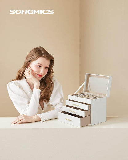 SONGMICS 4-Layer Jewelry Box with 3 Drawers and Glass Lid Cloud White and Gold Color