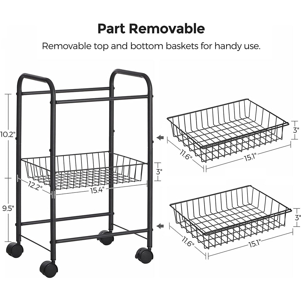 SONGMICS 3-Tier Metal Rolling Cart on Wheels with Removable Shelves Black