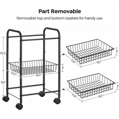 SONGMICS 3-Tier Metal Rolling Cart on Wheels with Removable Shelves Black