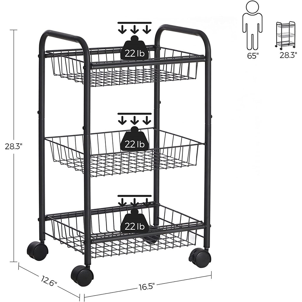 SONGMICS 3-Tier Metal Rolling Cart on Wheels with Removable Shelves Black