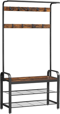 VASAGLE 4-in-1 Coat Rack with Shoe Bench and 9 Removable Hooks Rustic Brown and Black